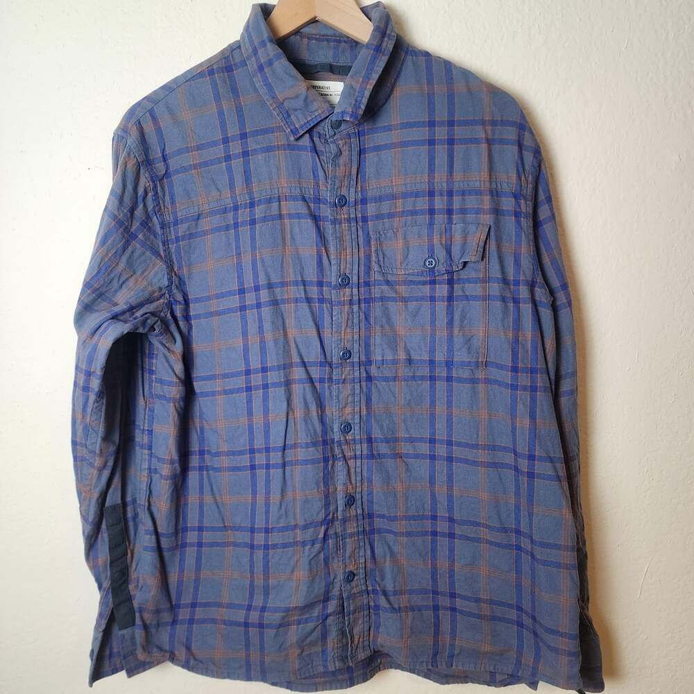REI Cooperative Shirt Men Medium Blue Orange Plaid Long Sleeve Button Up Outdoor